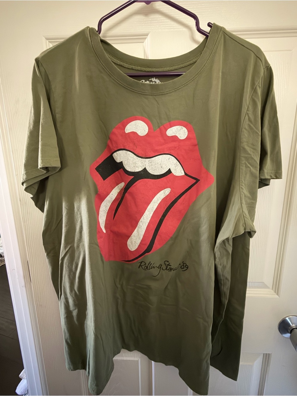 the Rolling Stones Olive Graphic Tee with Red Tongue Logo